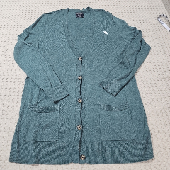 Abercrombie & Fitch Icon Boyfriend Cardigan in a Green Cotton Blend Knit Xlg - Picture 2 of 7